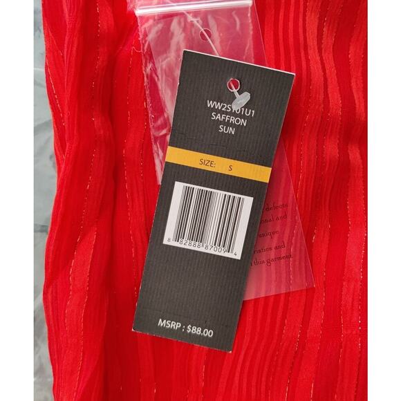 Nanette Lepore Short Cap Sleeve Blouse S Striped Metallic Ruffle Neck Orange Red - Picture 8 of 11